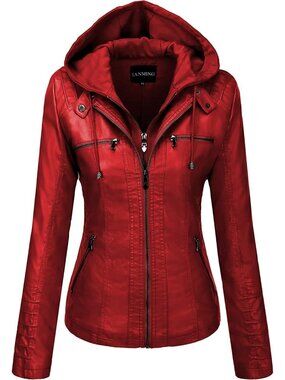 Women's Wine Red Faux Leather Jacket Hooded Moto Biker Fall Fashion Winter Coat